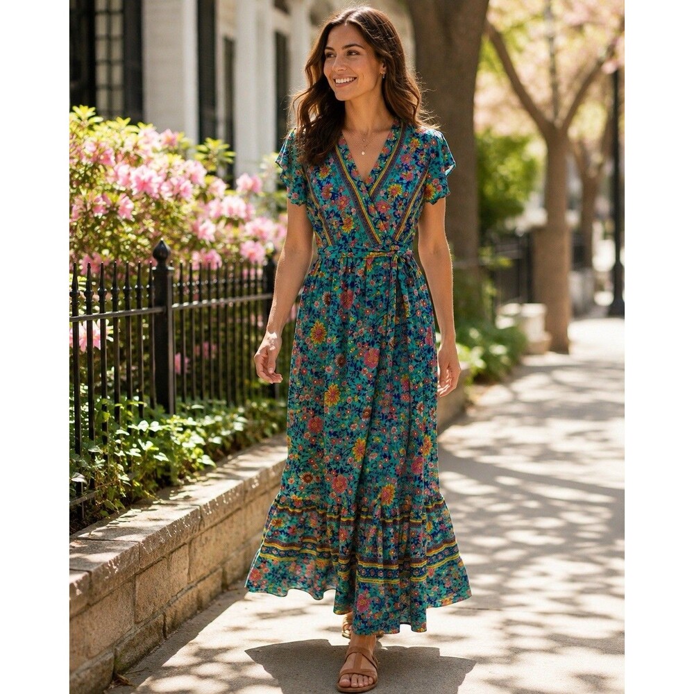 R. Vivimos Floral Maxi Wrap Dress Boho Cottagecore Sz M 8/10 Tiered Hemline